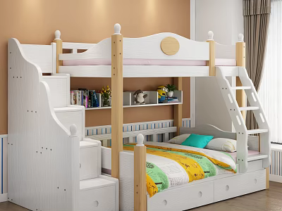 White Bunk Bed with Staircase Bookshelf and Storage Drawers in Kids Room 3d model