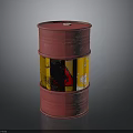 Rusty Red Industrial Oil Drum Container With Yellow Hazard Warning Label 3d model