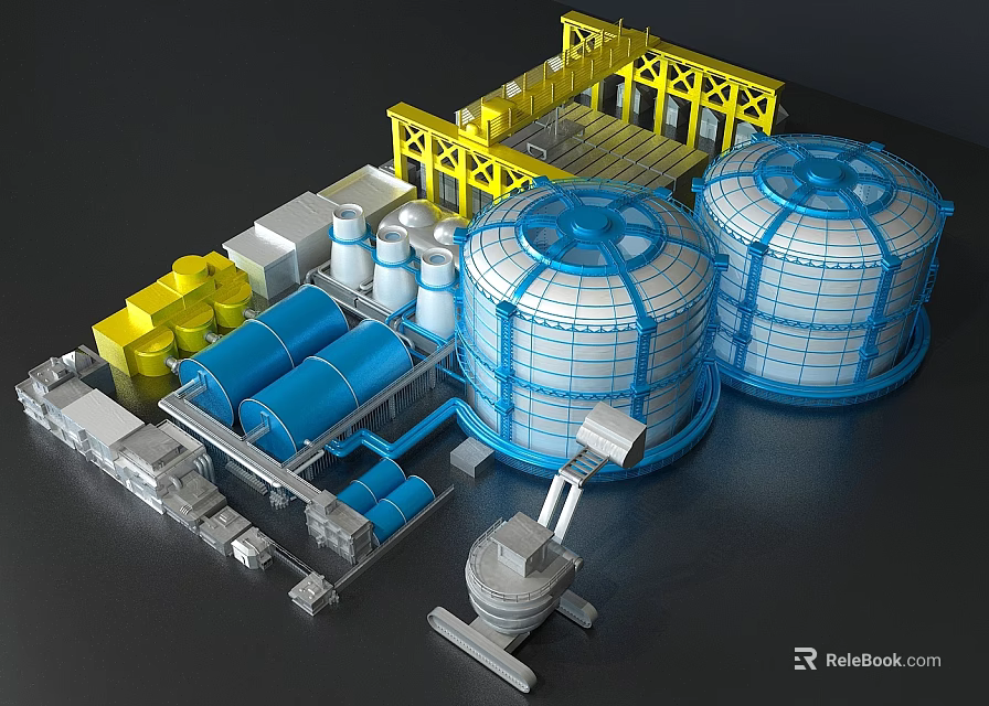 Cartoon Industrial Facility Scene With Blue Storage Tanks Yellow Structures Pipes And Machinery 3d model 