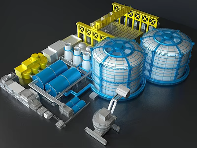 Cartoon Industrial Facility Scene With Blue Storage Tanks Yellow Structures Pipes And Machinery 3d model