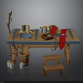 Wooden Workbench With Blue Countertop And Tools Near Wooden Barrel And Small Stool