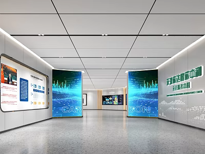Technology Exhibition Hall Featuring Interactive Screens Information Charts And Modern Design 3d model