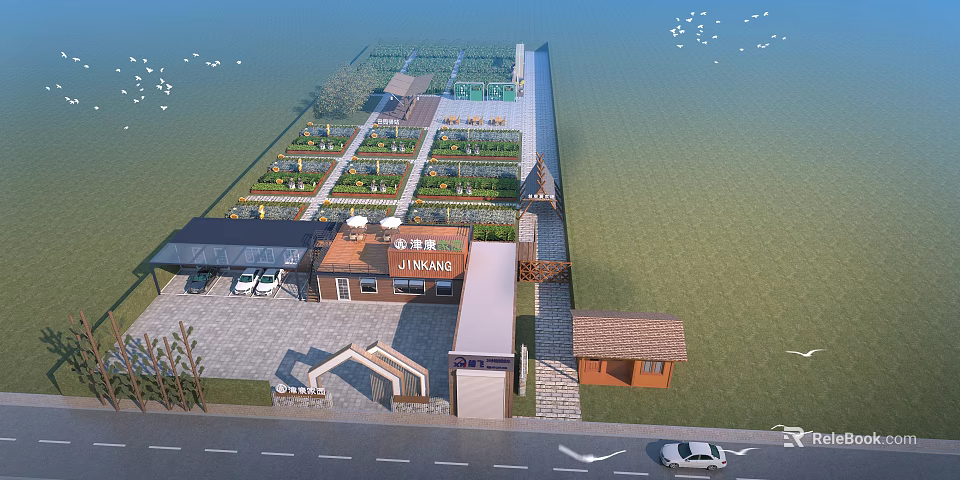 Aerial Planning of Agricultural Farm With Greenhouse Parking Lot Cottages And Farmland Layout 3d model 