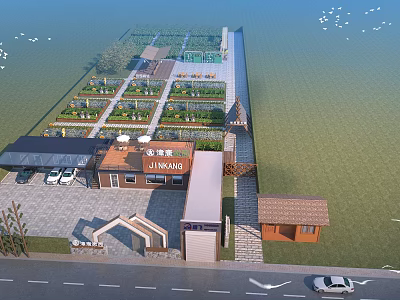 Aerial Planning of Agricultural Farm With Greenhouse Parking Lot Cottages And Farmland Layout 3d model