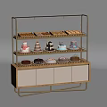 Gold Metal Pastry Display Shelf With Various Cakes Pastries And Wooden Cabinet
