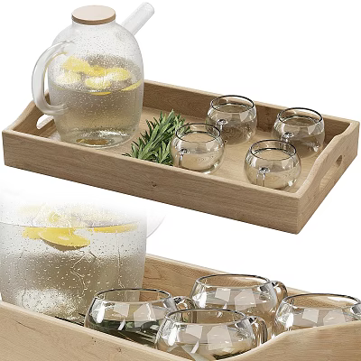 Glass Pitcher And Cups With Lemon Rosemary On Wooden Tray 3d model