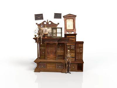 Vintage Wooden Furniture With Multiple Drawers Cabinets Clock And Decorations 3d model