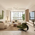 Elegant Living Dining Room Interior With Beige Sofa Green Armchair Coffee Table Rug And Paintings