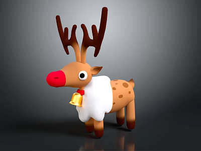 Cute Reindeer 3D Model With Red Nose White Fur Brown Body And Golden Bell 3d model