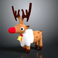 Cute Reindeer 3D Model With Red Nose White Fur Brown Body And Golden Bell