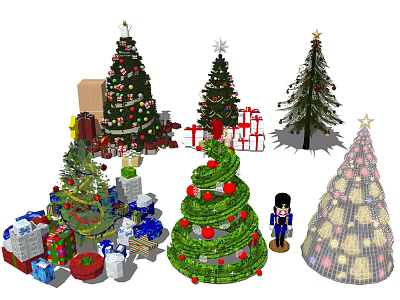 Various Festive Christmas Trees Decorated with Gifts and Ornaments in Holiday Scene 3d model