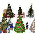 Various Festive Christmas Trees Decorated with Gifts and Ornaments in Holiday Scene