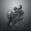 Detailed Blue Lego Style Motorcycle With Silver Parts Helmeted Rider And Exhaust Pipe Badge