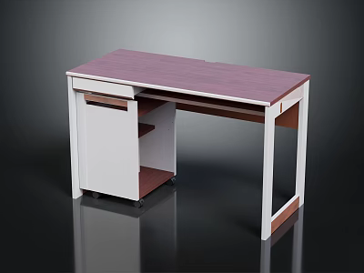 Home Office Desk with Purple Tabletop White Frame Drawer and Wheels 3d model