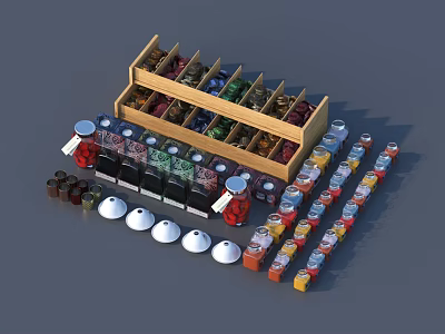 Wooden Layered Display Shelf With Colorful Bottles Small Items And Scattered Containers 3d model
