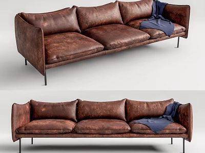 Distressed Brown Leather Three Seater Sofa With Blue Blanket And Metal Legs 3d model