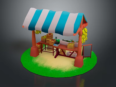 Fresh Fruit Stall With Blue White Striped Awning Bananas Crates On Green Grass 3d model
