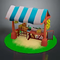 Fresh Fruit Stall With Blue White Striped Awning Bananas Crates On Green Grass