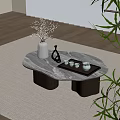 Modern Marble Top Coffee Table With Vase Dried Flowers Metal Decor And Tea Cups