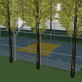 Outdoor Basketball Court With Blue Yellow Surface White Lines Basketball Hoop Trees And Fence 3d model
