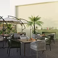 Modern Restaurant Outdoor Dining Area With Tables Chairs Umbrellas And Green Plants