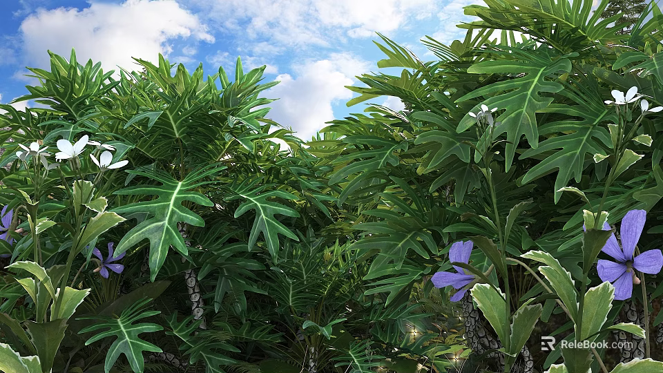 Lush Green Shrub With Glossy Leaves And Purple Flowers Under Blue Sky With Clouds 3d model 