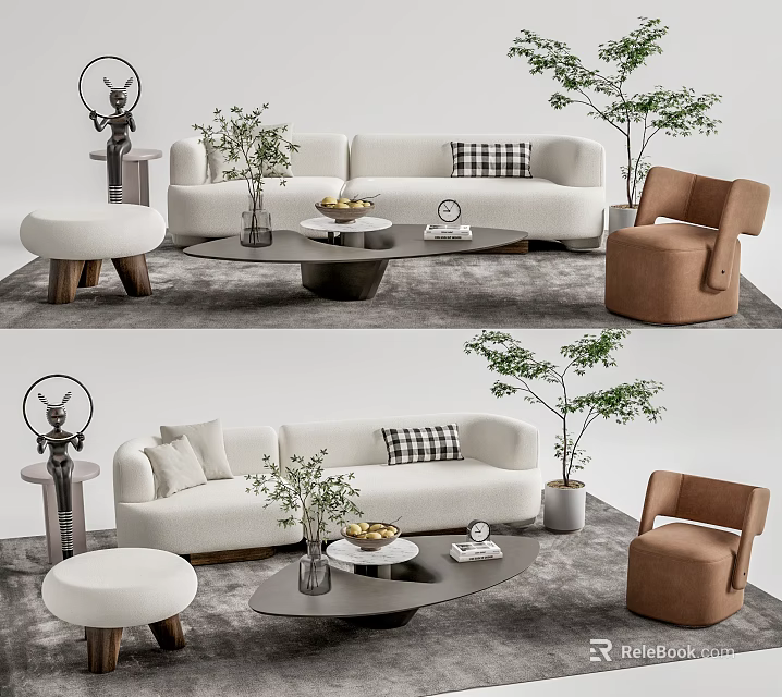 Modern White Sofa and Coffee Table Set with Brown Chair Potted Plant and Decorative Items 3d model 