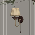 Wall Lamp With Cream Pleated Shade Dark Wooden Base Golden Arm On White Striped Wall