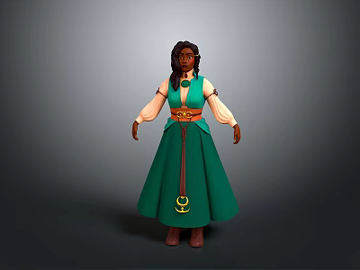 Women's Green Traditional Dress With Decorative Belt And Classic Design For Daily Use 3d model