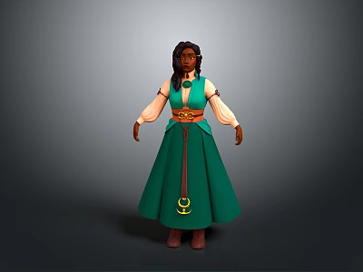 Women's Green Traditional Dress With Decorative Belt And Classic Design For Daily Use 3d model