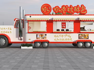 Red And White Mobile Food Truck Selling Huanjuan Baisu Pastry With Menu 3d model