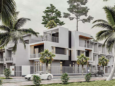 Modern Detached Villa Exterior Design With Palm Trees Balconies Greenery And Cars 3d model