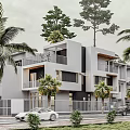 Modern Detached Villa Exterior Design With Palm Trees Balconies Greenery And Cars