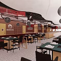Modern Restaurant Interior With Red Decor Round Pendant Lights Long Bar Counter Tables And Chairs