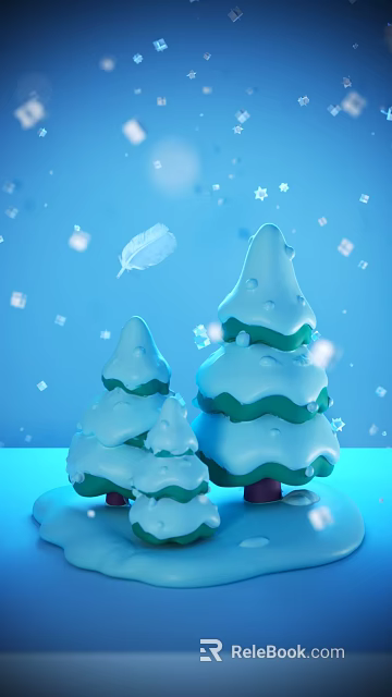 Snow Covered Tree Shaped Decorative Ornament Set With Blue Background Falling Feathers And Small Squares 3d model 