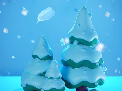 Snow Covered Tree Shaped Decorative Ornament Set With Blue Background Falling Feathers And Small Squares 3d model