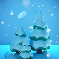 Snow Covered Tree Shaped Decorative Ornament Set With Blue Background Falling Feathers And Small Squares