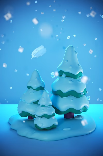 Snow Covered Tree Shaped Decorative Ornament Set With Blue Background Falling Feathers And Small Squares 3d model