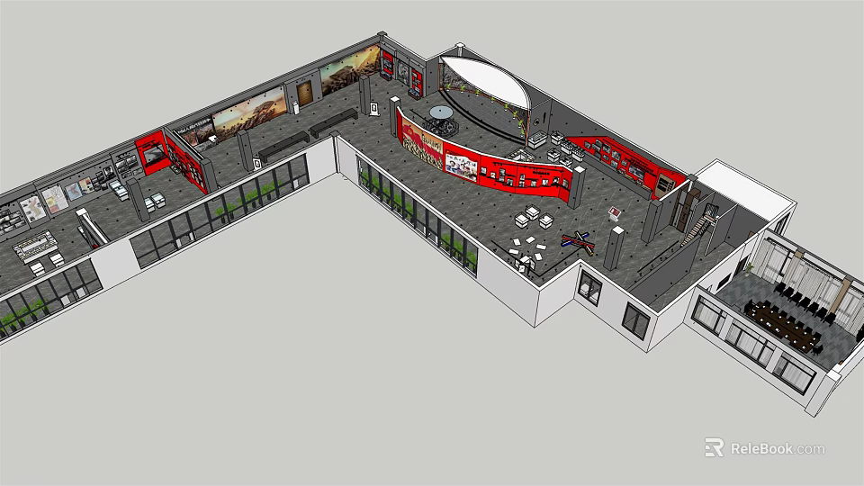 Modern Exhibition Hall Interior With Red Booths Circular Display And Furniture 3d model 