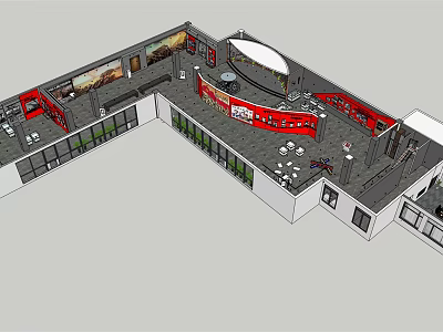 Modern Exhibition Hall Interior With Red Booths Circular Display And Furniture 3d model