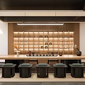 Serene Tea Room Interior With Wooden Shelves Long Table Stools And Tea Sets