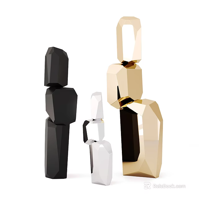 Modern Geometric Sculptures With Stacked Polygonal Blocks In Black White Gold Colors 3d model 