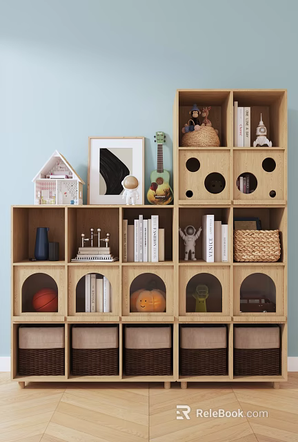 Wooden Bookshelf with Mini House Model Picture Frame Guitar and Decorative Items 3d model 