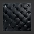 Blue Tufted Square Ottoman With Gold Metal Frame And Leather Upholstery