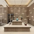 Modern Store Interior Design With Wooden Decor Front Desk Display Shelves And Soft Lighting