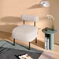 Single Sofa With Checkered Blanket And Round Side Table Against Beige Wall With Sunlight Shadows 3d model