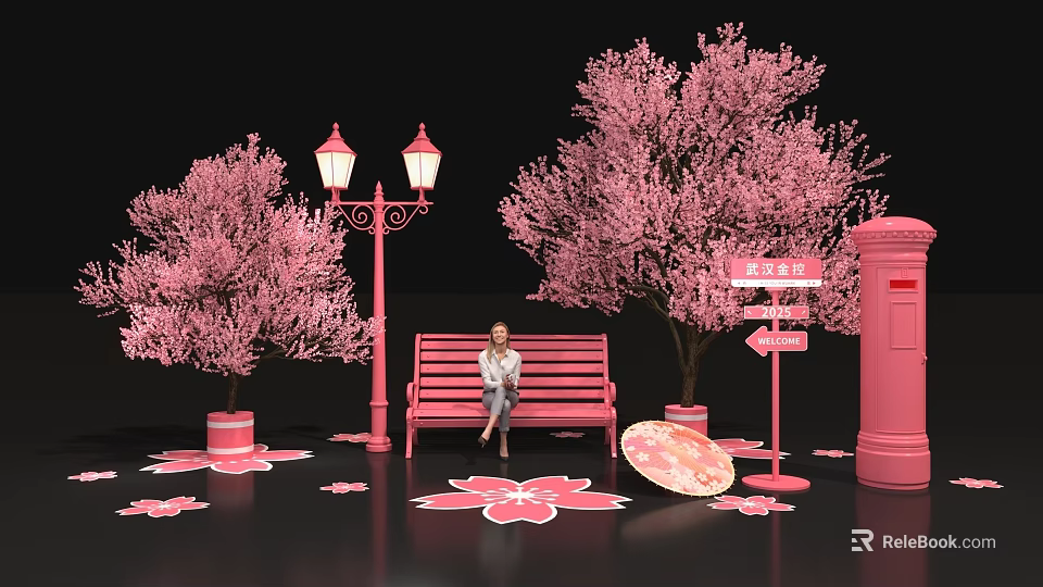 Pink Cherry Blossom Photo Check In Spot With Street Lamps Bench Mailbox And Petal Decorations 3d model 