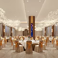 Elegant Banquet Hall Featuring White Branch Chandeliers Marble Flooring Beige Chairs And Gold Accents