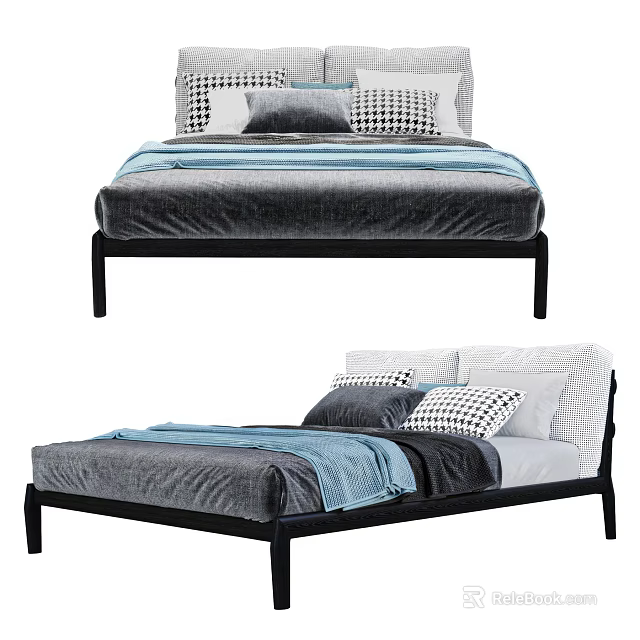 Modern Double Bed With Black Frame Gray Blue Bedding And Patterned Pillows 3d model