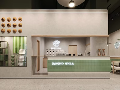 Modern Minimalist Cafe Interior With Wooden Circular Wall Decor Green Tiled Counter And Cozy Seating 3d model